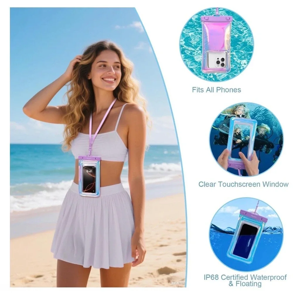 NWT Bagstellar Iridescent Clear Beach Tote Bag 4-Piece Waterproof Phone Kit